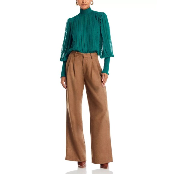 Farm Rio Emerald Green Ruffled Boho Blouse Swiss Dot Semi Sheer Mock Neck Size L - Picture 3 of 15